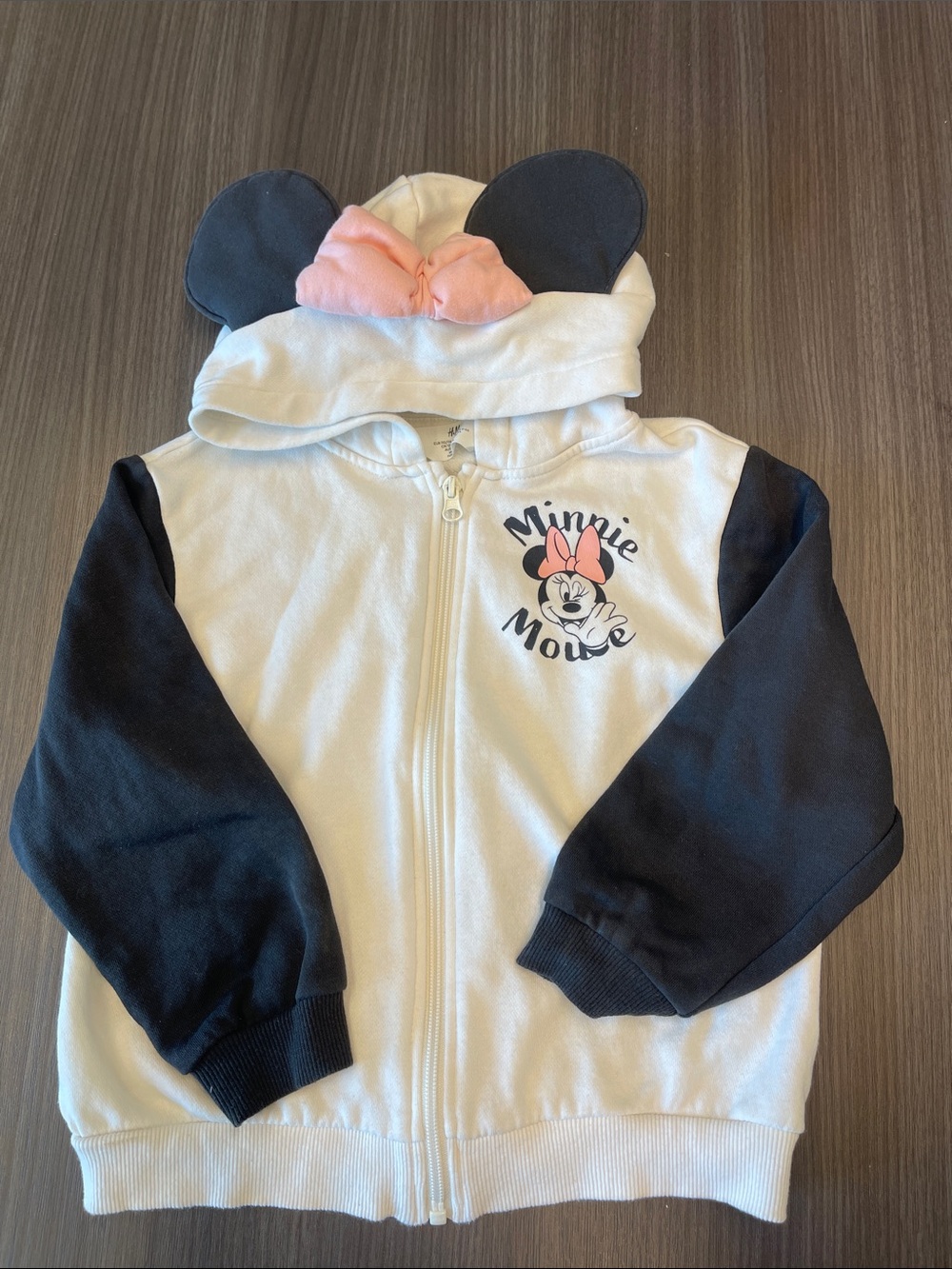 H&M White Hoodie with Black Sleeves and Pink Bow Minnie Mouse